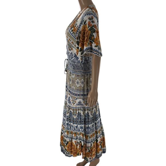 Farm Rio Blue Floral Tapestry Tie Waist Short White Sleeve Dress - Picture 6 of 10